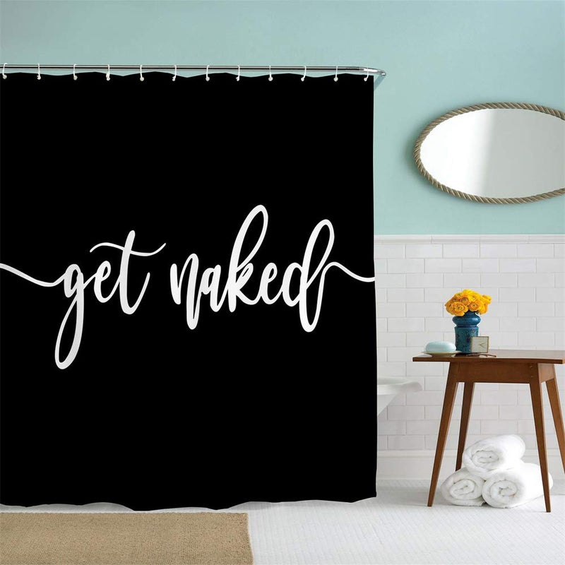 IcosaMro Get Naked Shower Curtain for Bathroom with Hooks, Black and White Funny Quotes Decorative Long Cloth Fabric Shower Curtain Bath Decorations- 71Wx72L Inch, Black - Image 2